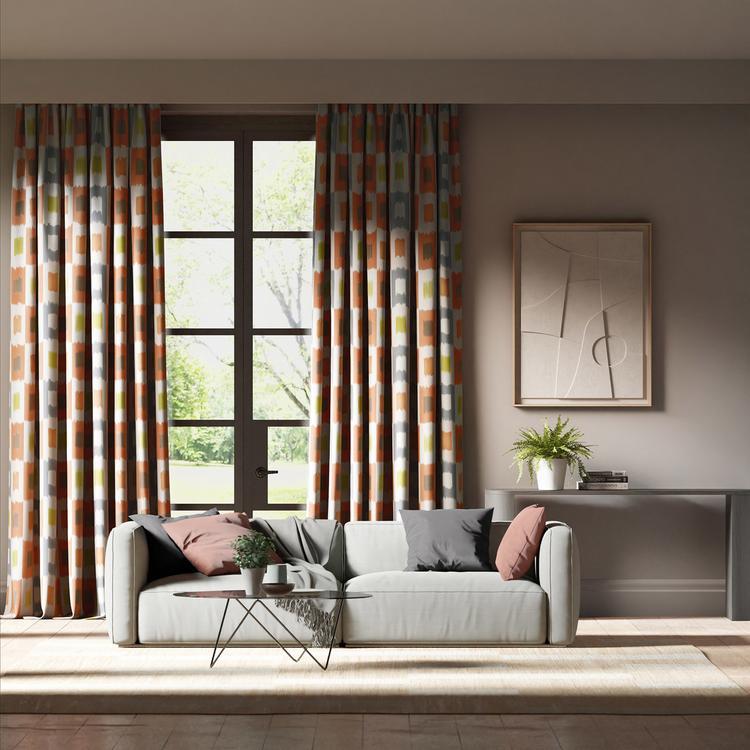 Harlequin Shiruku fabric in Paprika/Sketched/Nectar colourway showing painterly square‑brush motifs in paprika orange, light nectar and neutral tones on a wide cotton ground — ideal for curtains, cushions and upholstery.