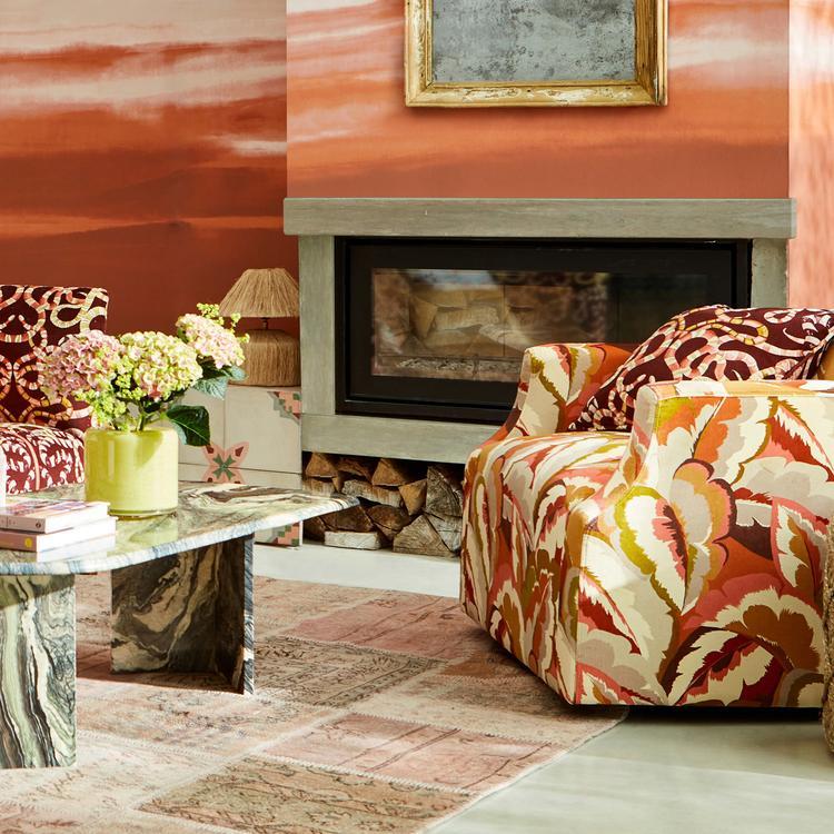 Harlequin Calathea Fabric Leaves , Trees Amber Light,Brazilian Rosewood,Pomegranate,Shiitake   - HQN3121136