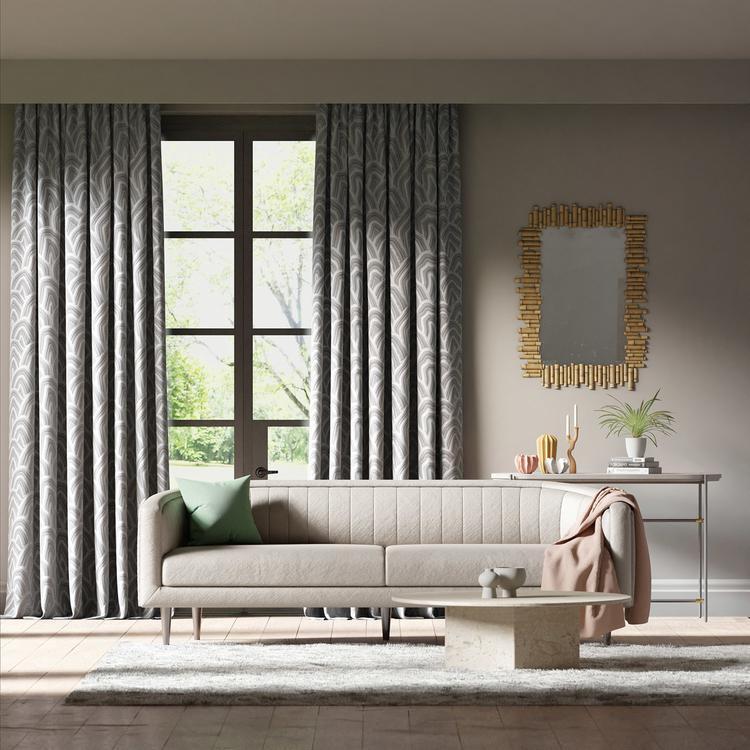 Harlequin Kumo Hempseed/Shiitake/Sketched fabric showing embroidered tonal seven-colour stripe motif with textured crewelwork on a soft hempseed ground.