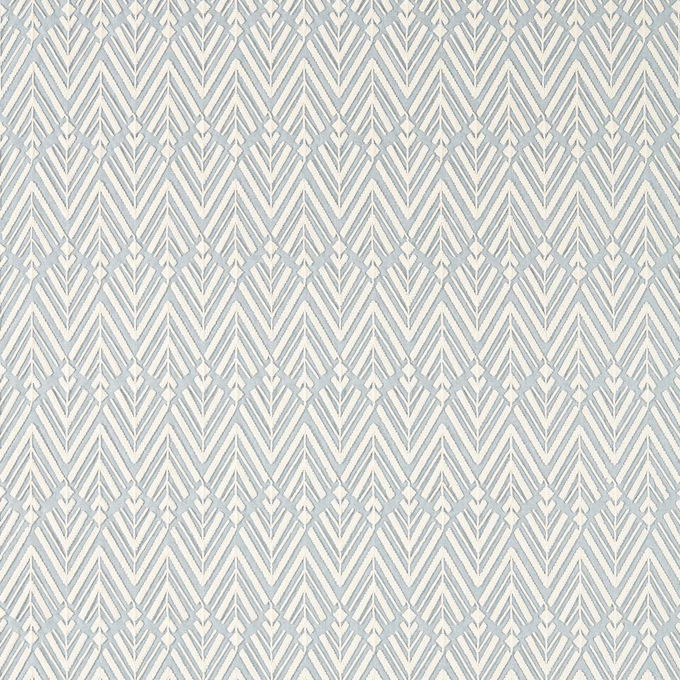 Soft blue and white chevron geometric pattern with repeating arrow motifs on fabric.