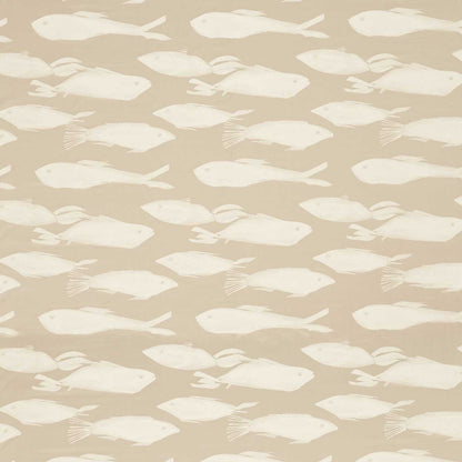 Beige backdrop with repeating white fish silhouettes; a coastal fabric pattern.