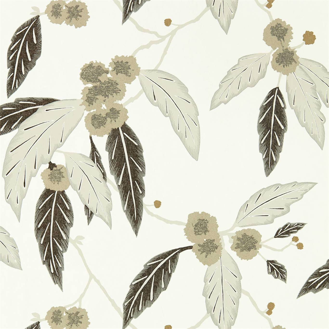 HARLEQUIN Coppice Wallpaper Leaves , Trees Oyster,Ebony,Gilver  Rotary Wide Width Printed Wallpaper - HSAW112134