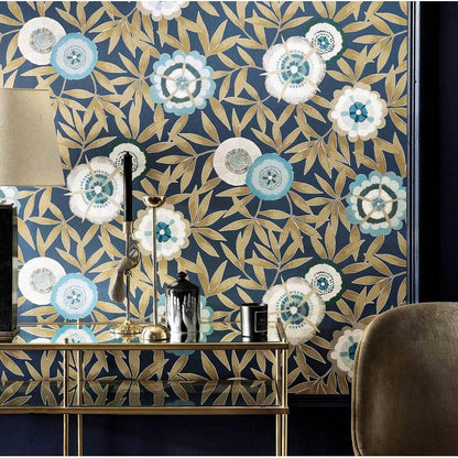 Harlequin Komovi Midnight Gold wallpaper designer wallcovering geometric metallic luxury accent wall for living room bedroom dining room contemporary glam interiors
