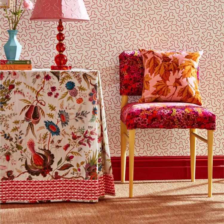 Harlequin Wildflower Meadow velvet fabric Carnelian Spinel Amethyst, vibrant printed floral velvet by Sophie Robinson, luxury upholstery fabric for curtains, cushions, blinds, and bold maximalist interior design décor projects.