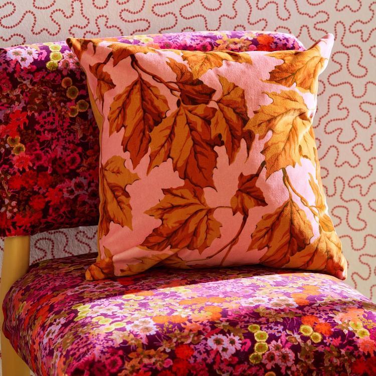 Harlequin Wildflower Meadow velvet fabric Carnelian Spinel Amethyst, vibrant printed floral velvet by Sophie Robinson, luxury upholstery fabric for curtains, cushions, blinds, and bold maximalist interior design décor projects.