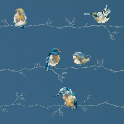Painterly blue-and-yellow birds perched on delicate white branch silhouettes against a deep blue background.