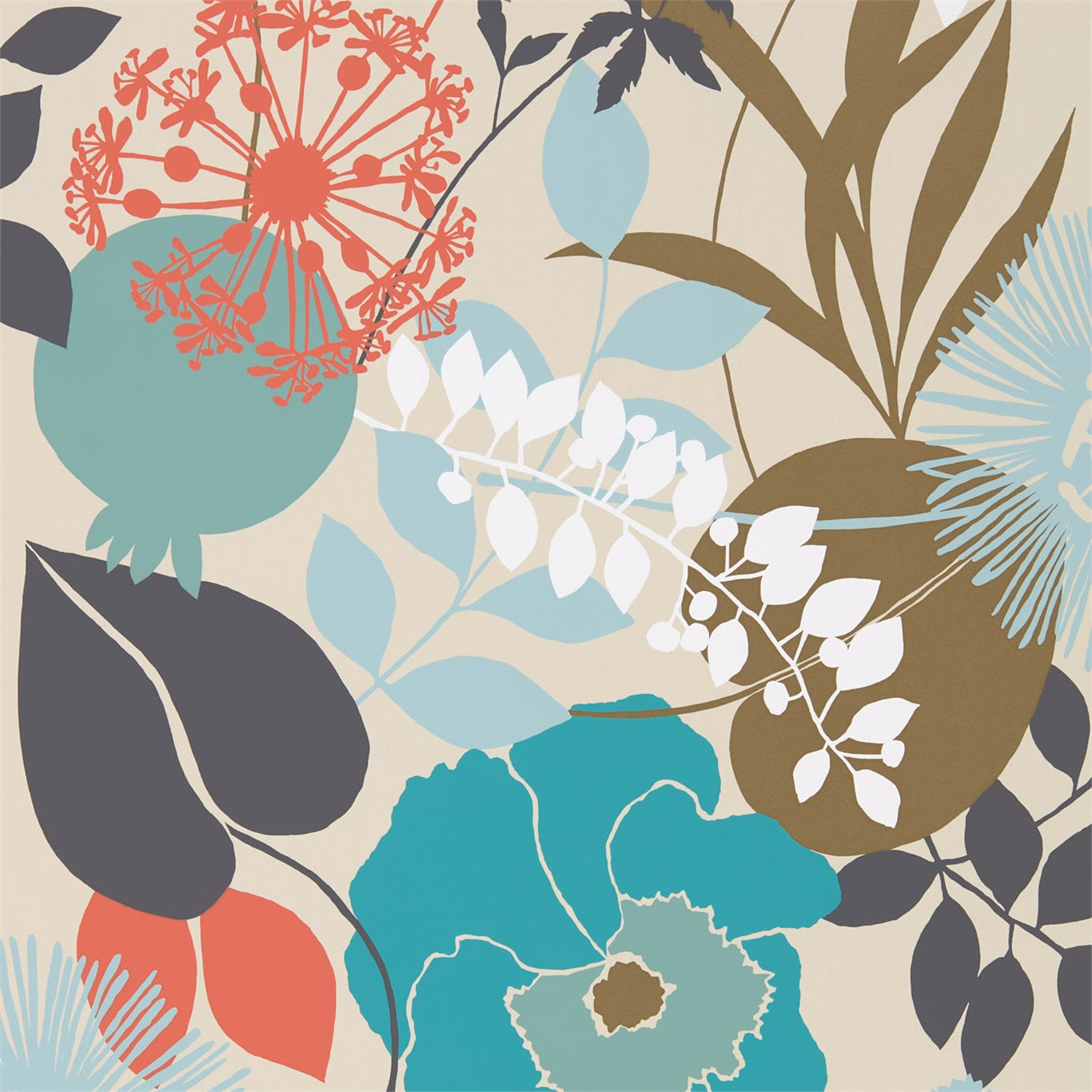HARLEQUIN Doyenne Wallpaper Contemporary, Floral Sky,Olive,Coral  Digital Print Wallpaper - HSTO111493