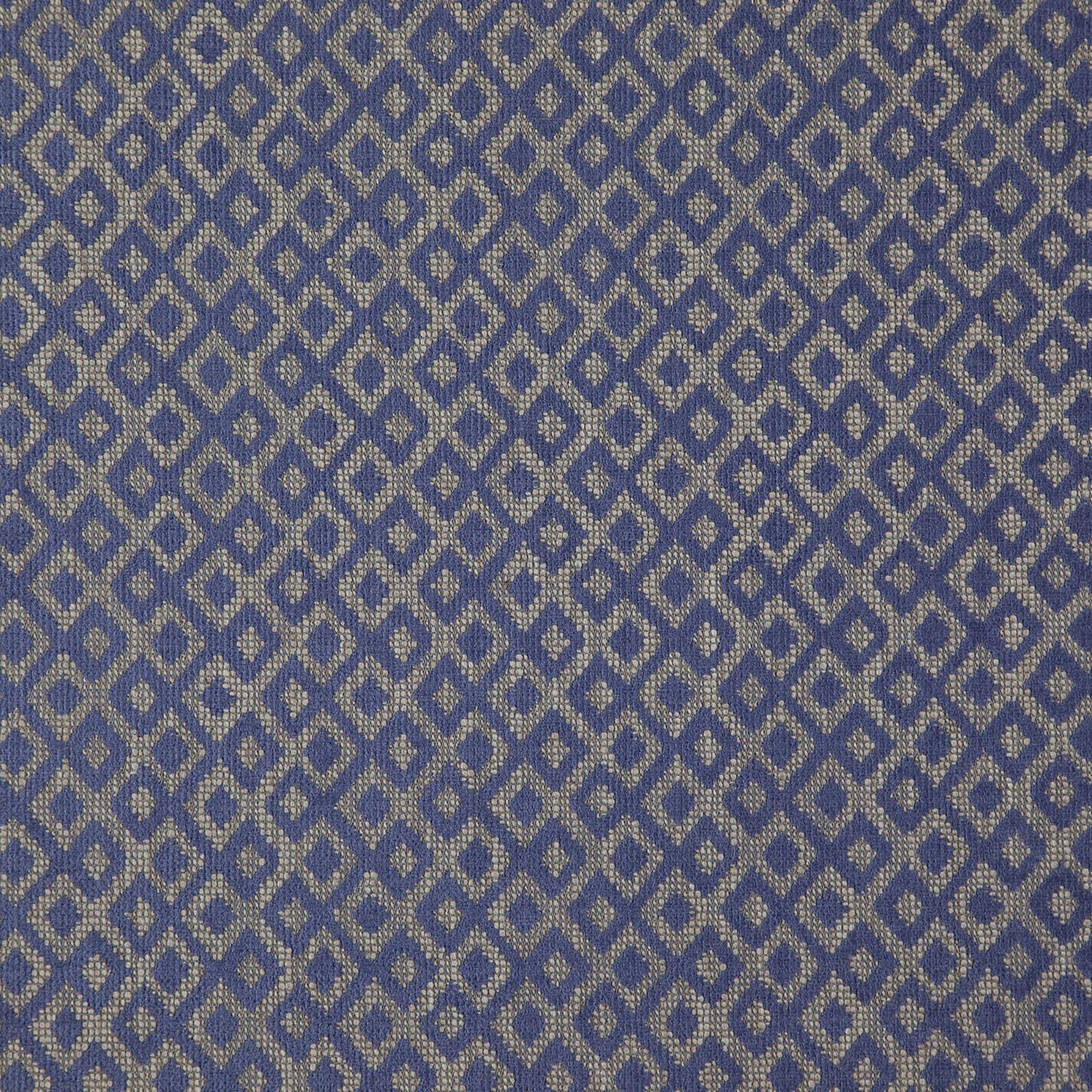 Blue woven fabric with beige diamond lattice pattern; geometric upholstery textile.