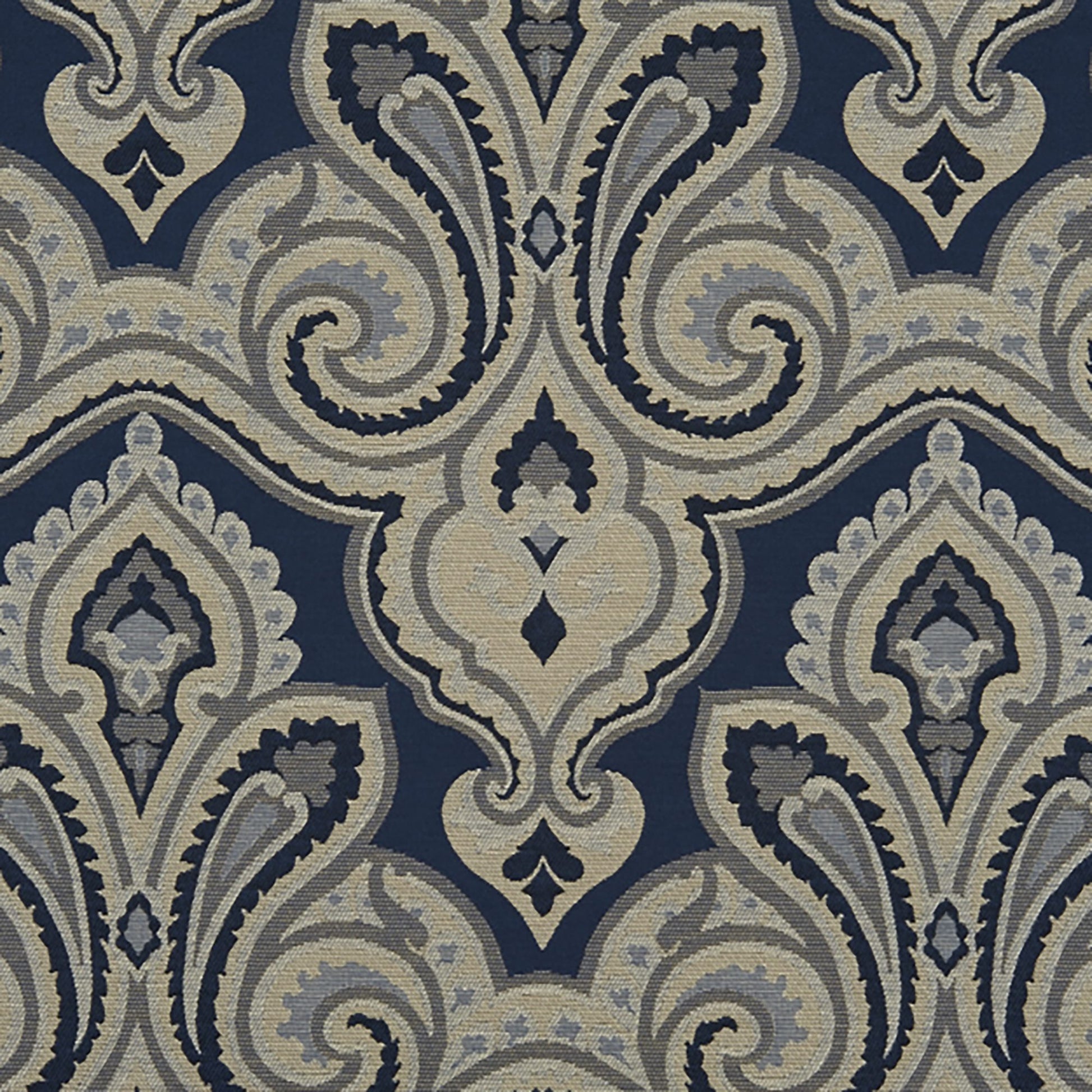 Navy damask pattern fabric with beige-gray scrolls & floral motifs for elegant upholstery or drapery.