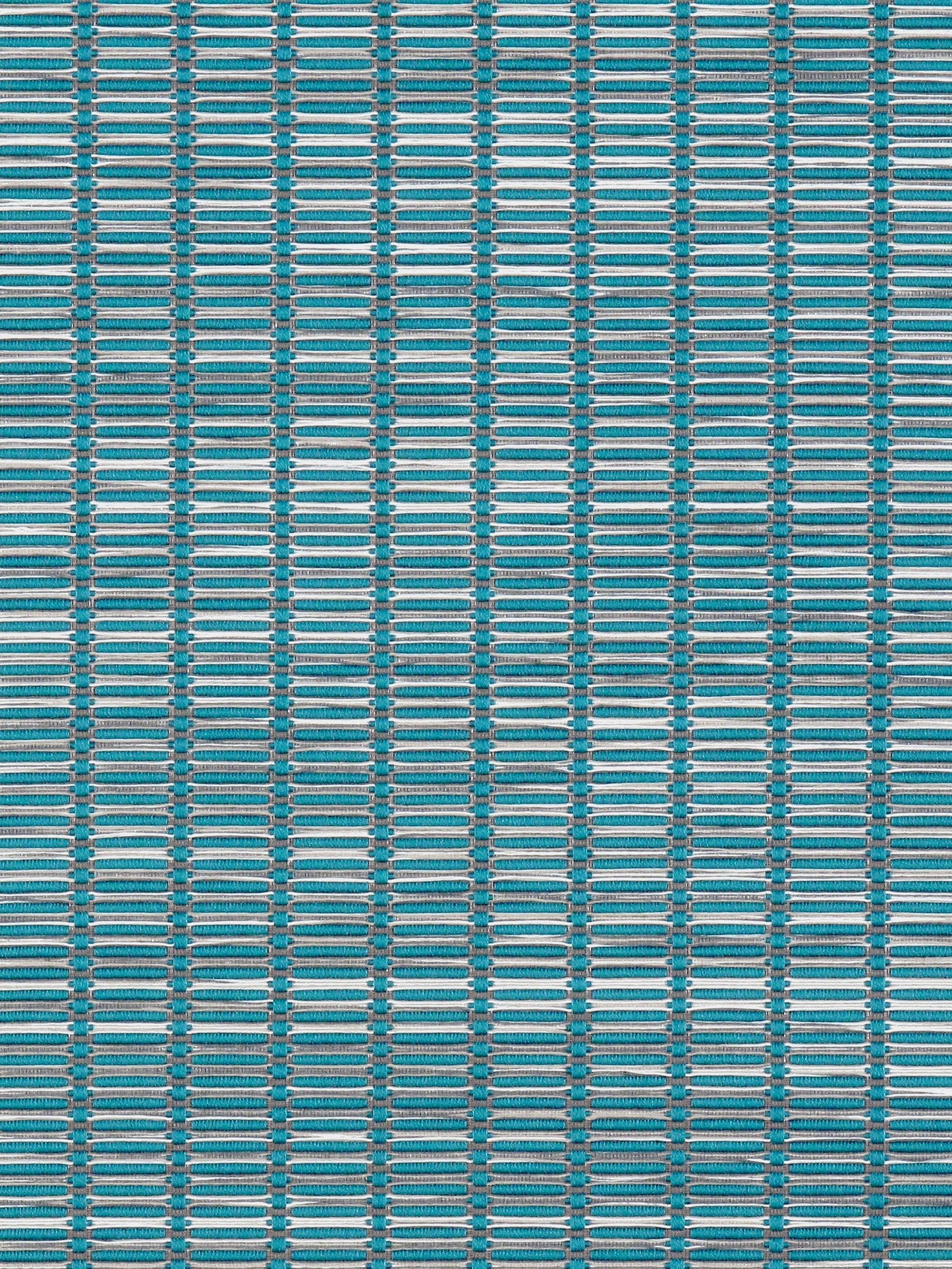 Turquoise woven fabric with teal/blue rectangular grid, ribbed texture; suitable for upholstery or outdoor decor.