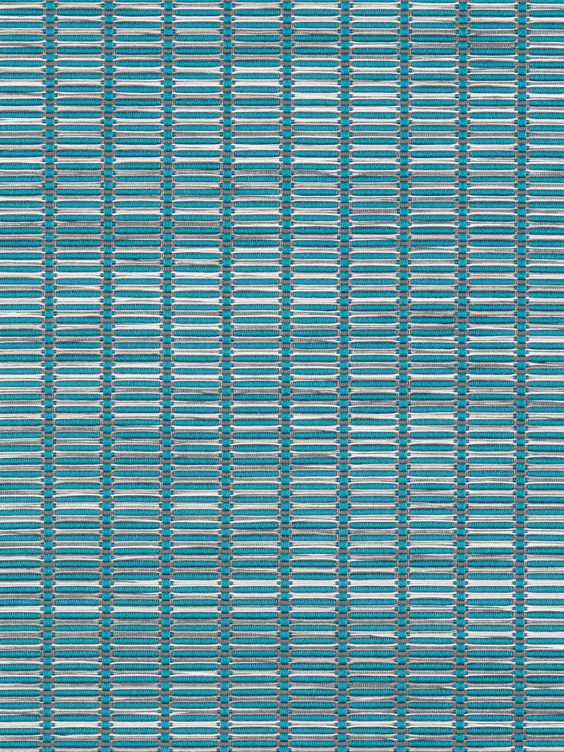 Turquoise woven fabric with teal/blue rectangular grid, ribbed texture; suitable for upholstery or outdoor decor.