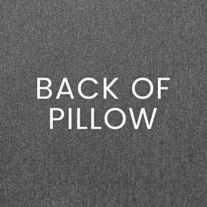 Back of pillow in dark grey textured fabric.