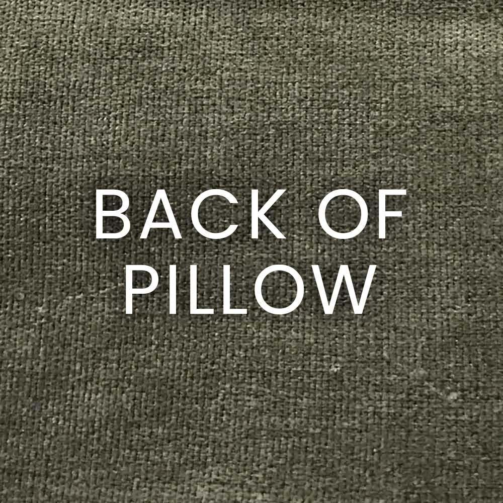 Back of pillow in grey textured woven fabric; neutral upholstery.