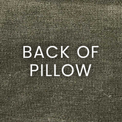 Back of pillow in grey textured woven fabric; neutral upholstery.