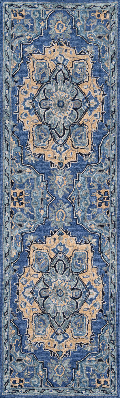 Blue oriental-style area rug with beige ivory medallions, teal borders and floral motifs.