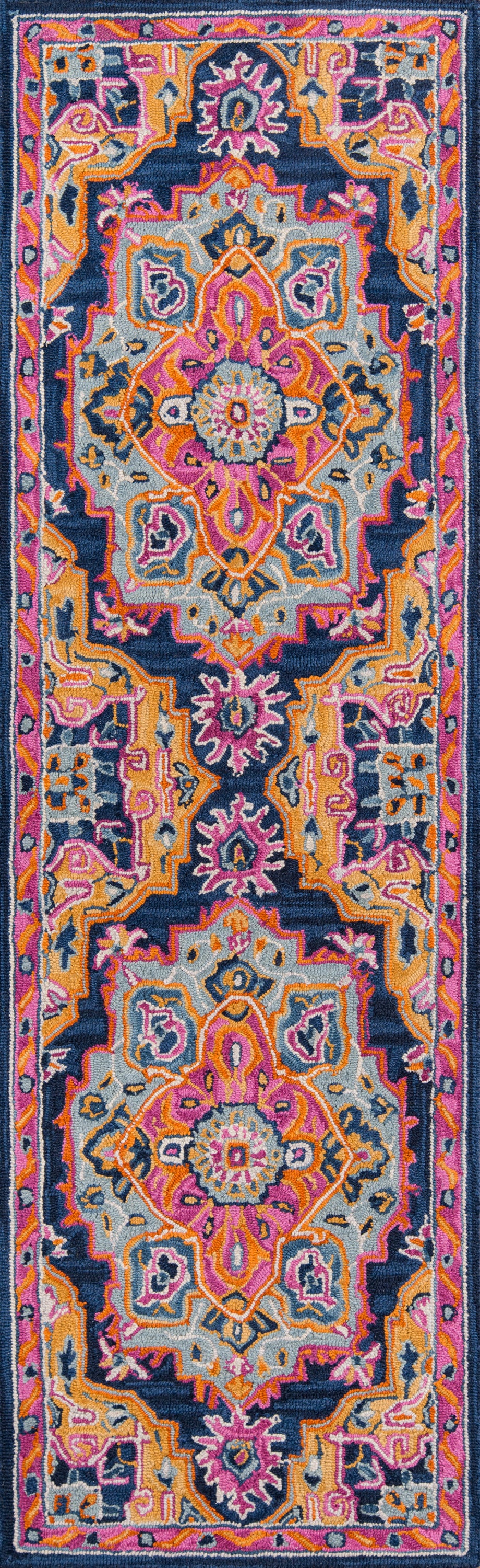 Vibrant oriental runner rug with navy base, ornate border, and pink, orange, yellow and light-blue floral medallions.