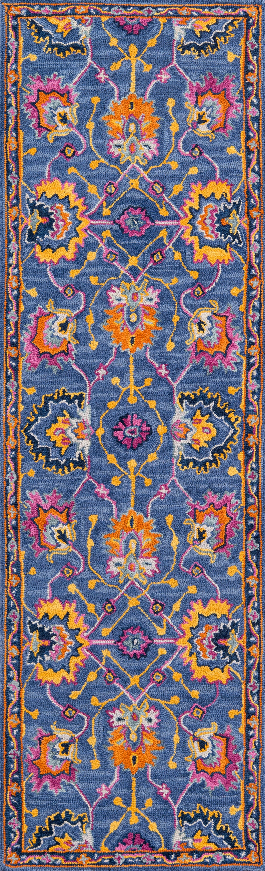 Long blue oriental rug with vibrant orange, pink, yellow floral medallions and a decorative border.