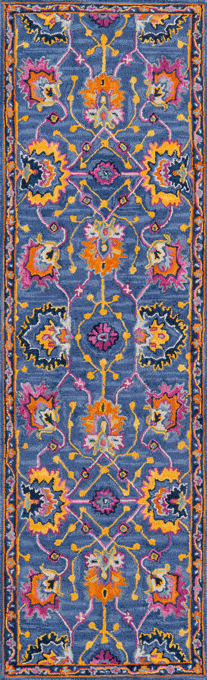 Long blue oriental rug with vibrant orange, pink, yellow floral medallions and a decorative border.