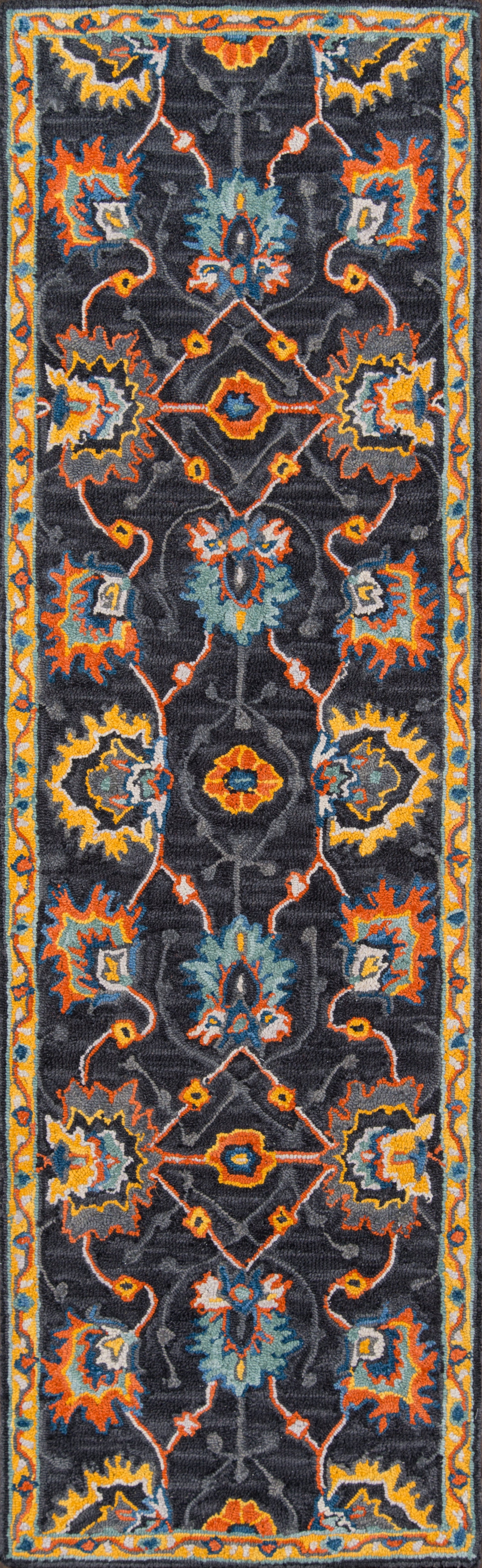 Rectangular oriental-inspired runner rug with dark navy background, bright orange, teal, yellow florals and ornate border.