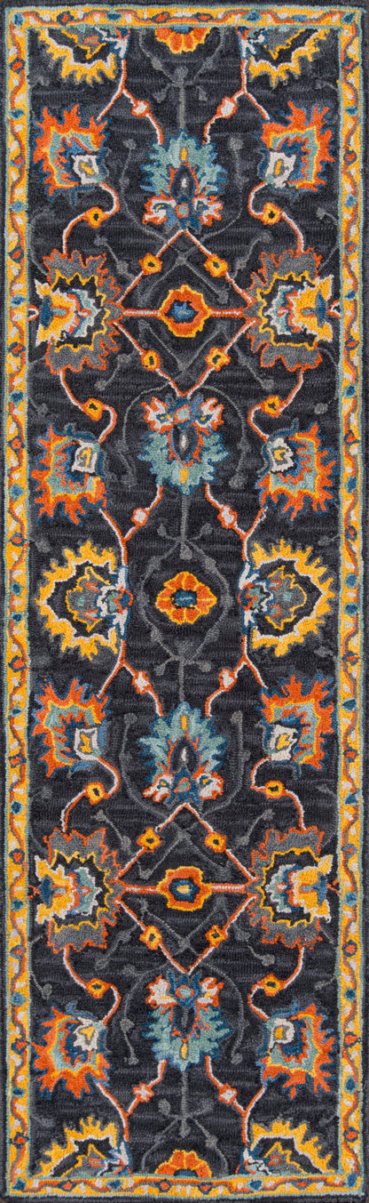 Navy oriental rug runner featuring symmetrical orange, teal and yellow floral medallions with a bright bordered edge.