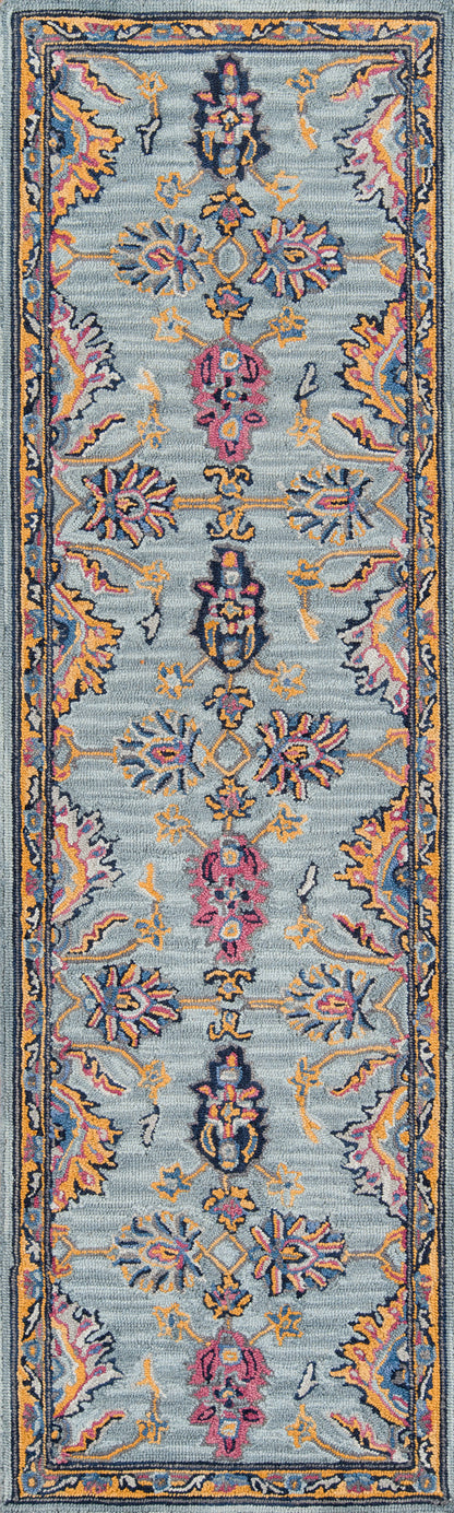 Blue Ibiza-style oriental runner rug with yellow, pink and orange accents and floral medallions.