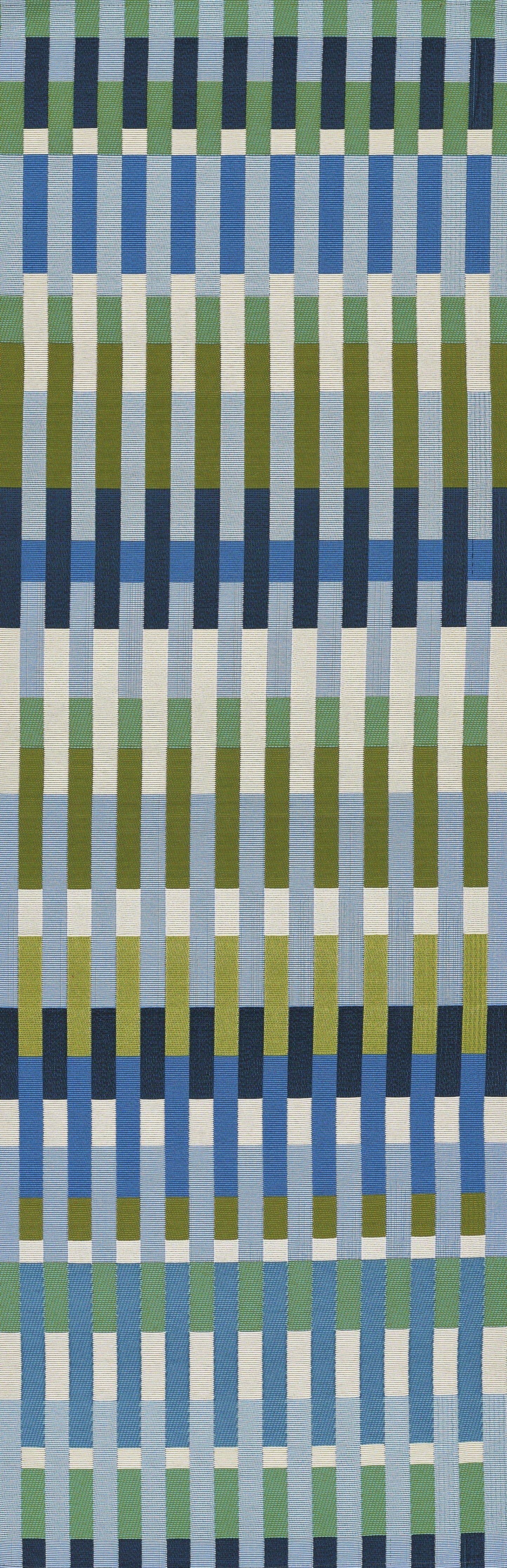 Rug with vertical stripes in blues, greens and cream, alternating wide and narrow bands.