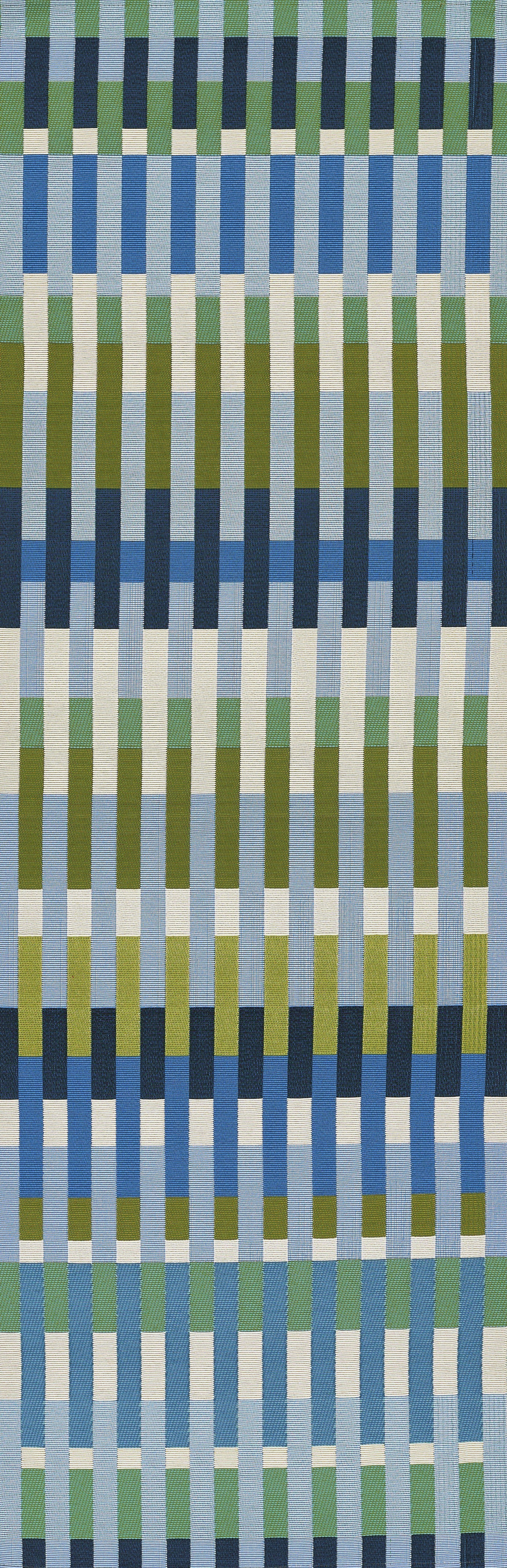 Rug with vertical stripes in blues, greens and cream, alternating wide and narrow bands.