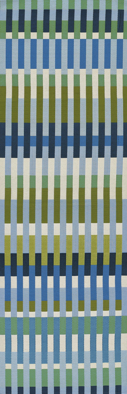 Rug with vertical stripes in blues, greens and cream, alternating wide and narrow bands.