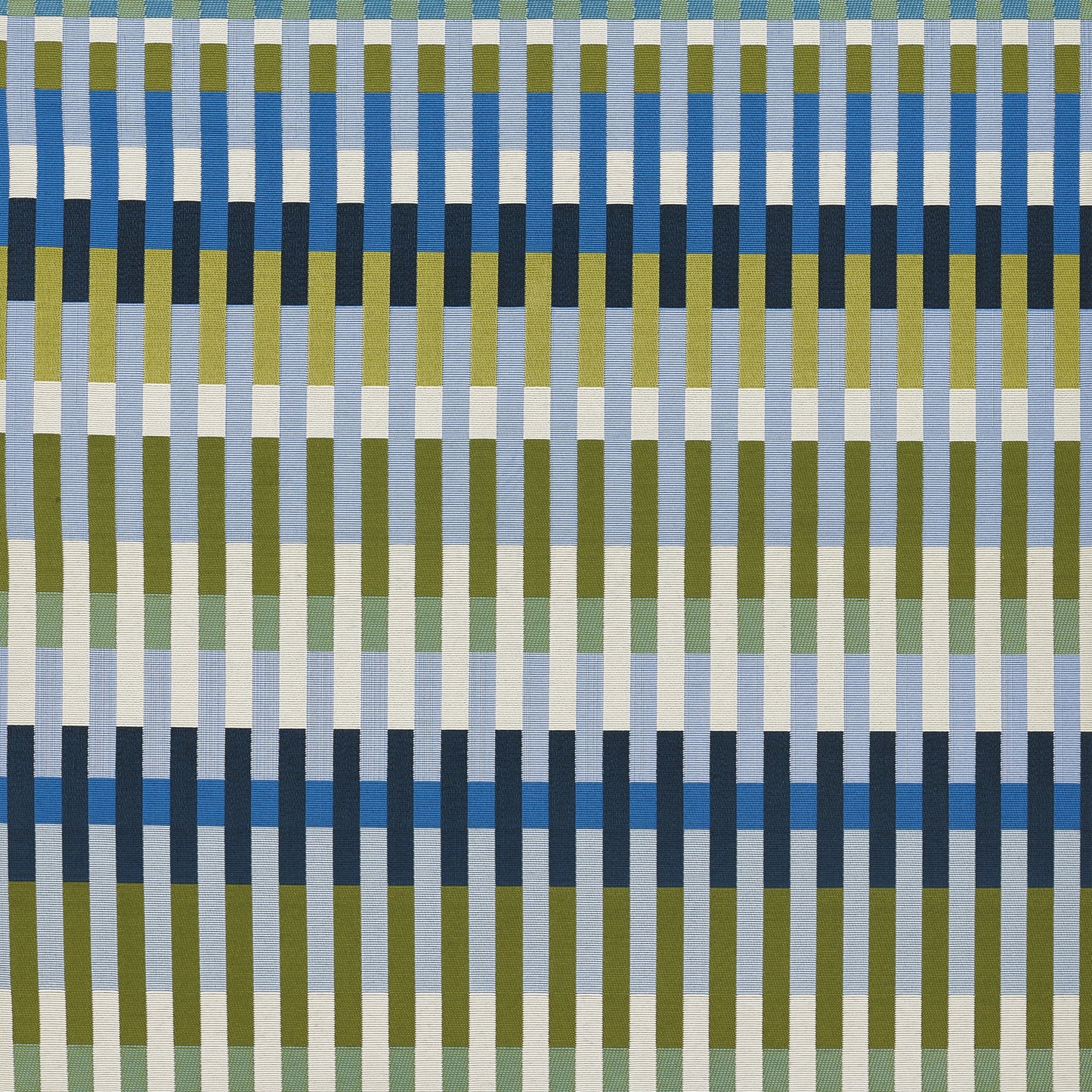 Woven rug with repeating vertical color blocks in blue, olive, sage green, cream and white.