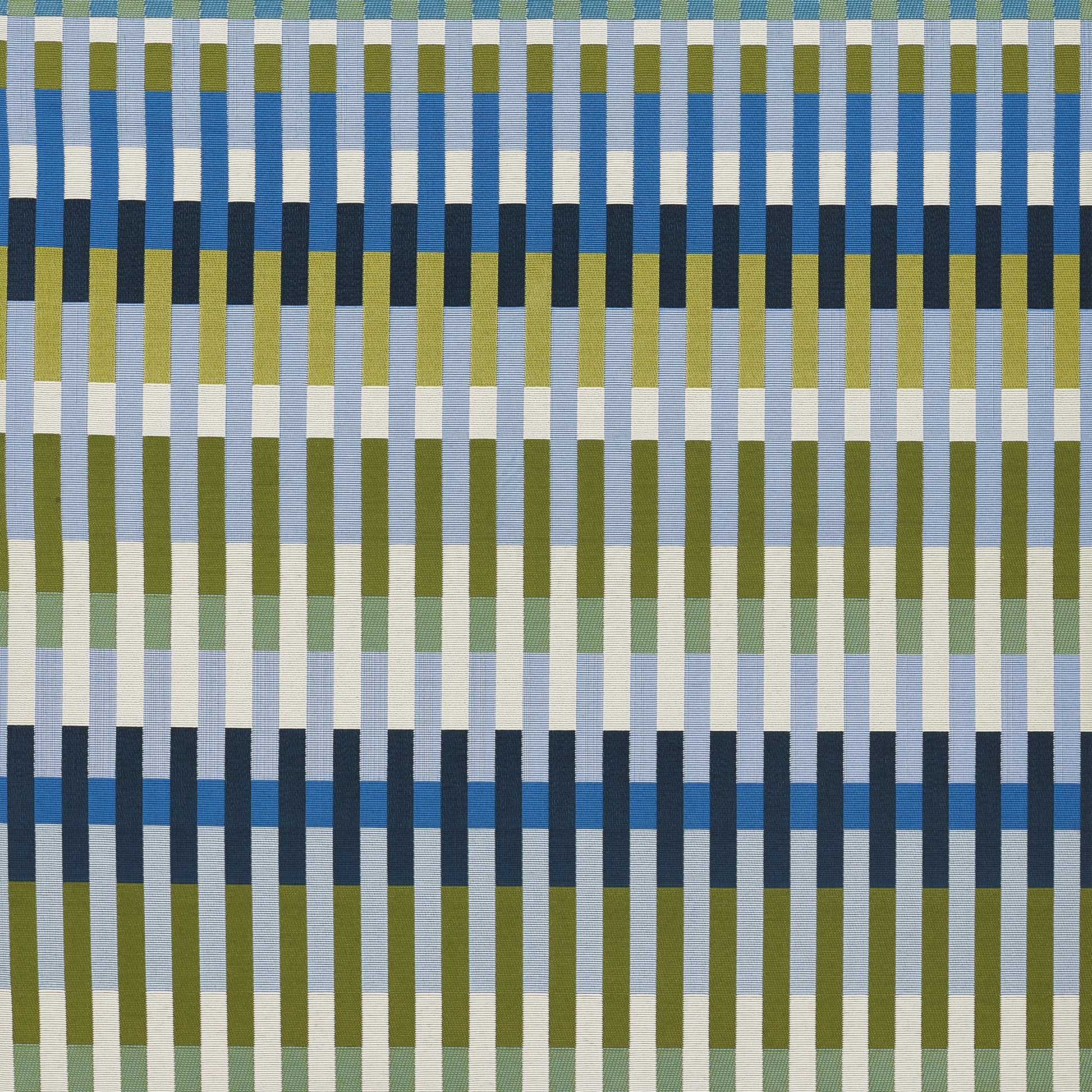 Woven rug with repeating vertical color blocks in blue, olive, sage green, cream and white.