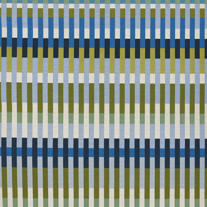 Woven rug with repeating vertical color blocks in blue, olive, sage green, cream and white.