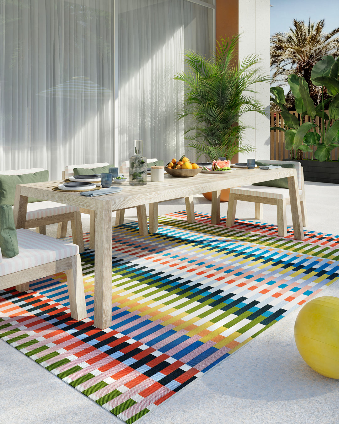 8’ x 10’ multicolor contemporary graphic Icon rug in vibrant modern pattern, durable indoor/outdoor polypropylene area rug, perfect for living room, patio, and statement home decor.