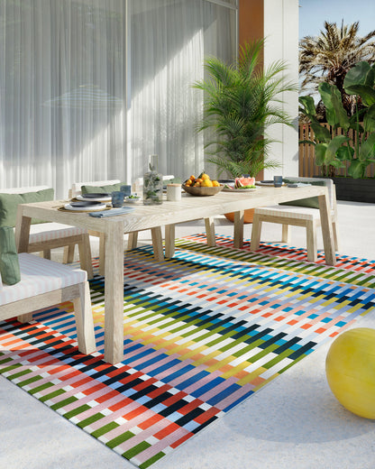 8’ x 10’ multicolor contemporary graphic Icon rug in vibrant modern pattern, durable indoor/outdoor polypropylene area rug, perfect for living room, patio, and statement home decor.