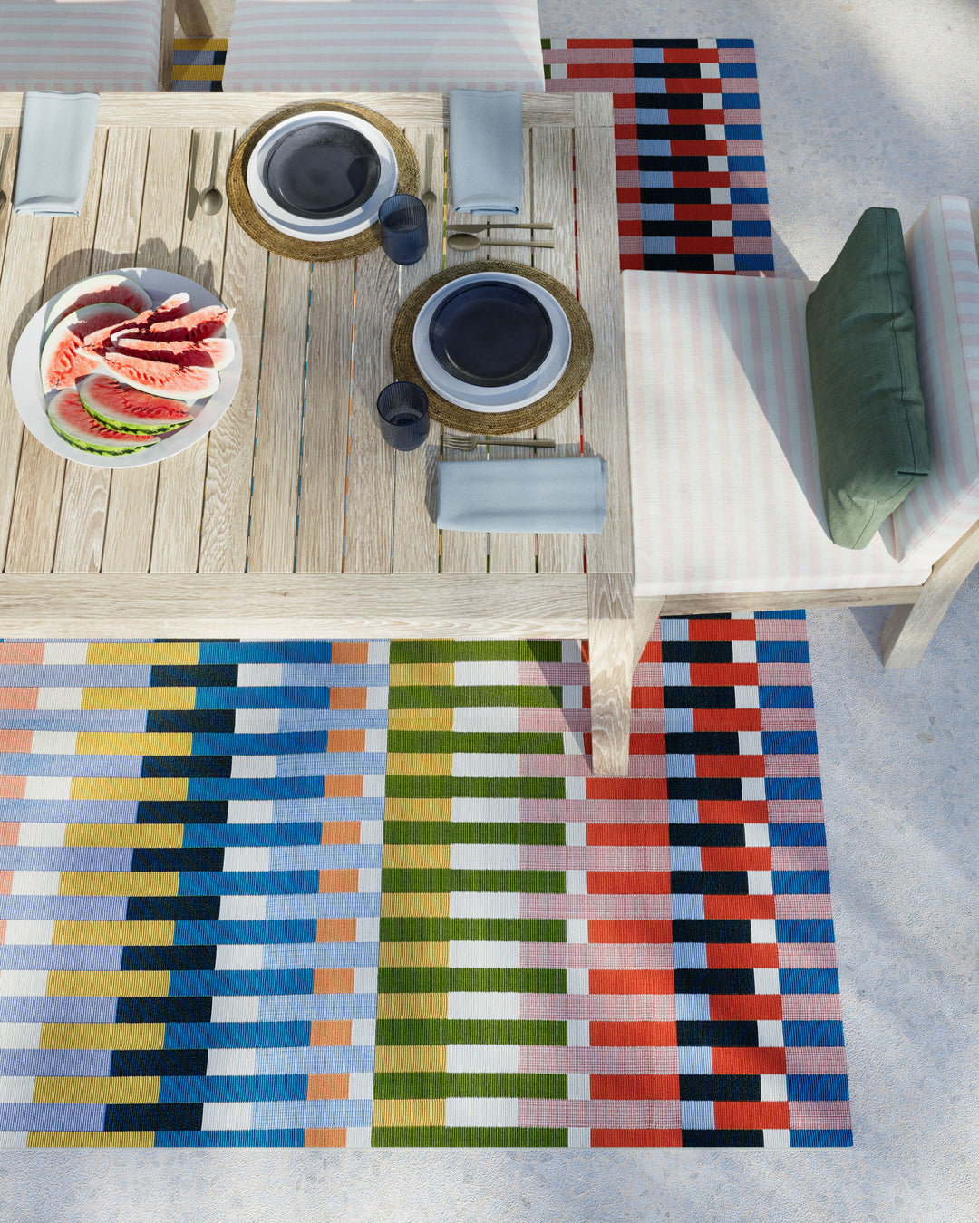 8’ x 10’ multicolor contemporary graphic Icon rug in vibrant modern pattern, durable indoor/outdoor polypropylene area rug, perfect for living room, patio, and statement home decor.