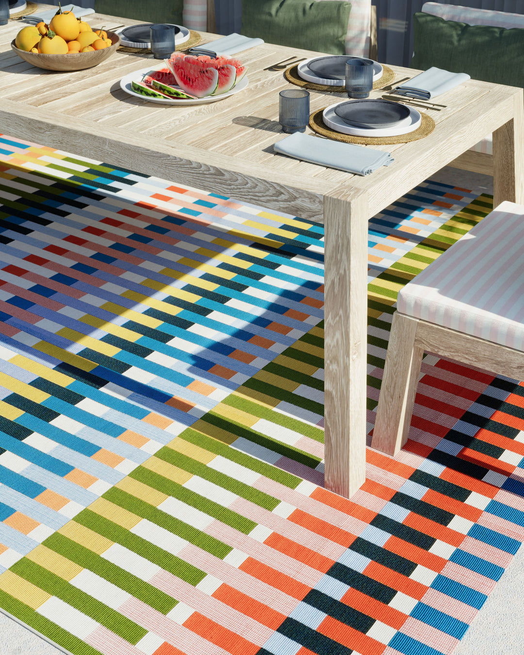 8’ x 10’ multicolor contemporary graphic Icon rug in vibrant modern pattern, durable indoor/outdoor polypropylene area rug, perfect for living room, patio, and statement home decor.
