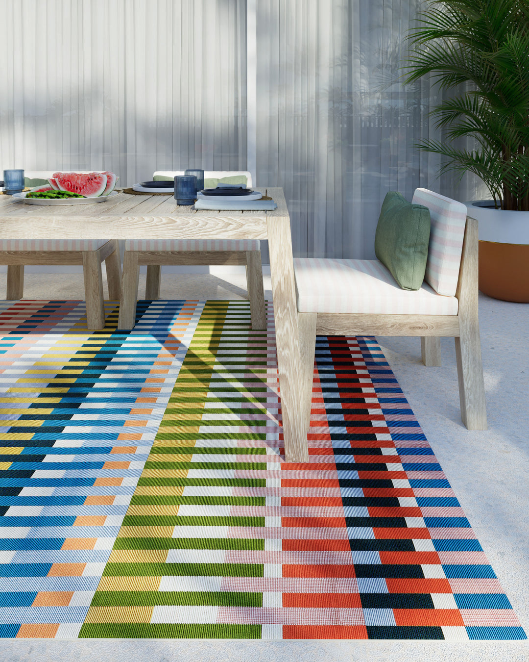 8’ x 10’ multicolor contemporary graphic Icon rug in vibrant modern pattern, durable indoor/outdoor polypropylene area rug, perfect for living room, patio, and statement home decor.