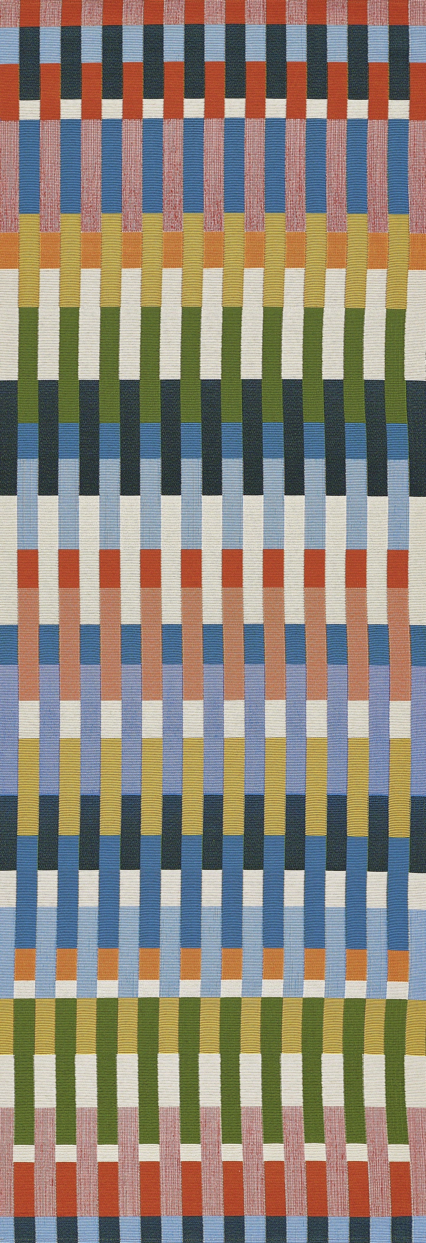 Woven rug with vertical multicolor stripe pattern in orange, blue, yellow, green and white; ribbed texture.