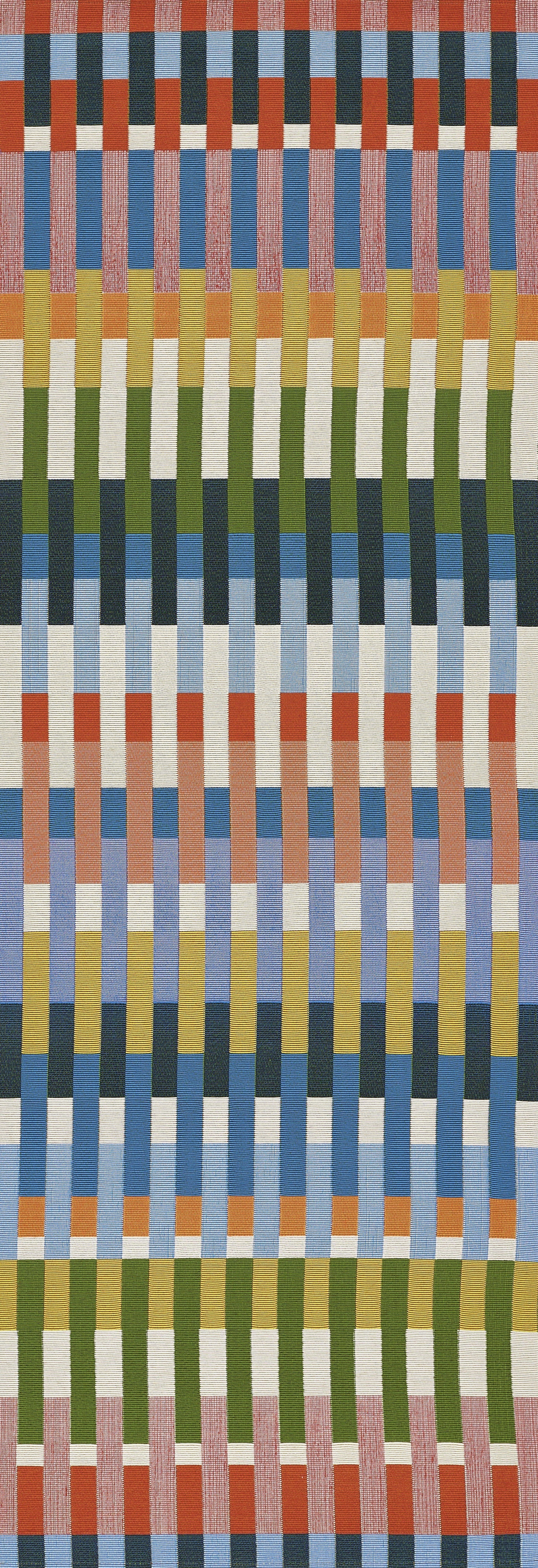 Woven rug with vertical multicolor stripe pattern in orange, blue, yellow, green and white; ribbed texture.