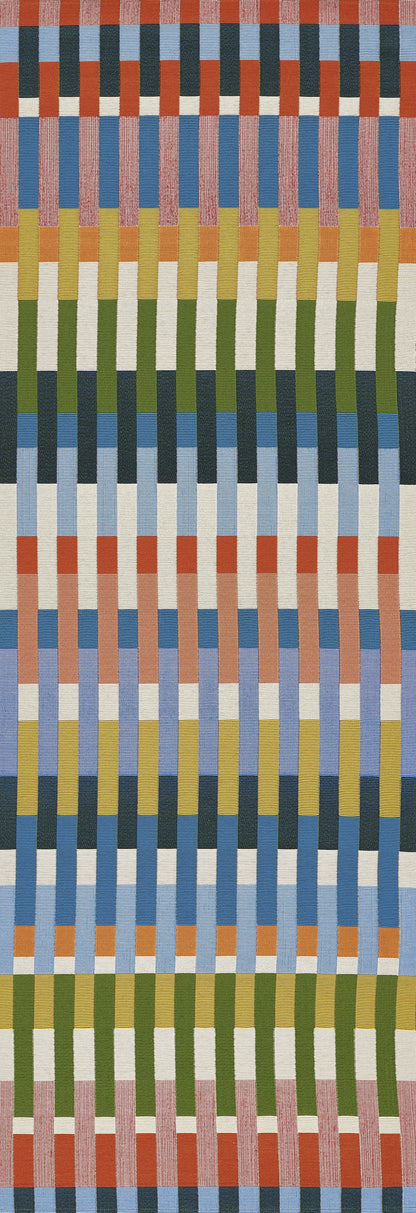 Woven rug with vertical multicolor stripe pattern in orange, blue, yellow, green and white; ribbed texture.