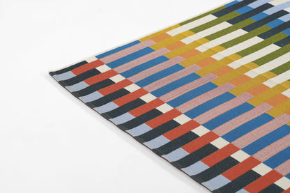 Woven geometric stripe rug, 2' x 3', with multicolor rectangular blocks in blue, orange, red, yellow and green.