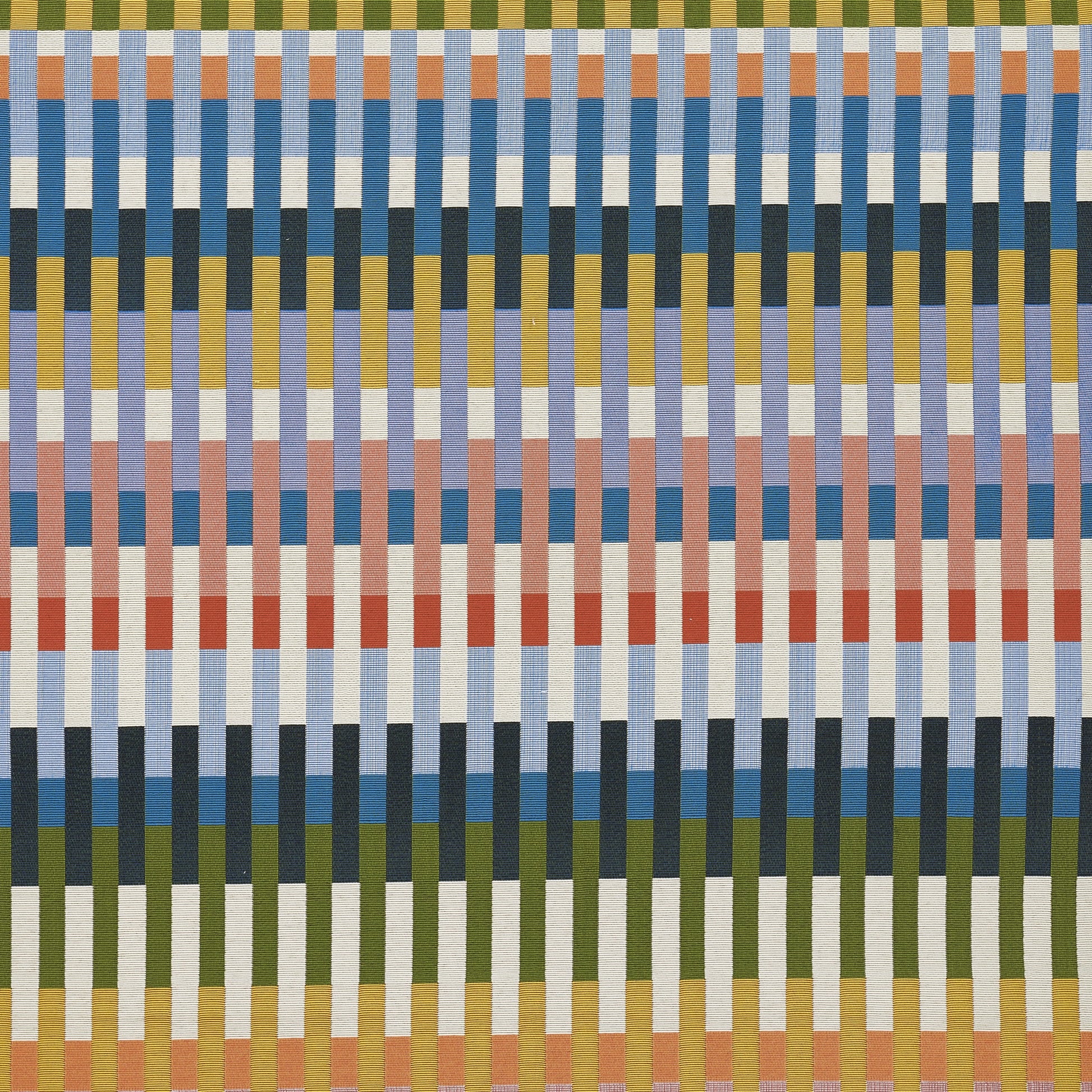 Multicolor woven rug with vertical stripe pattern in mustard, olive, blue, pink and orange; textured textile; 2' x 3'.