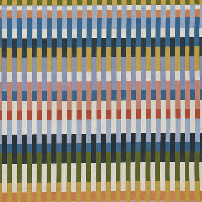 Multicolor woven rug with vertical stripe pattern in mustard, olive, blue, pink and orange; textured textile; 2' x 3'.