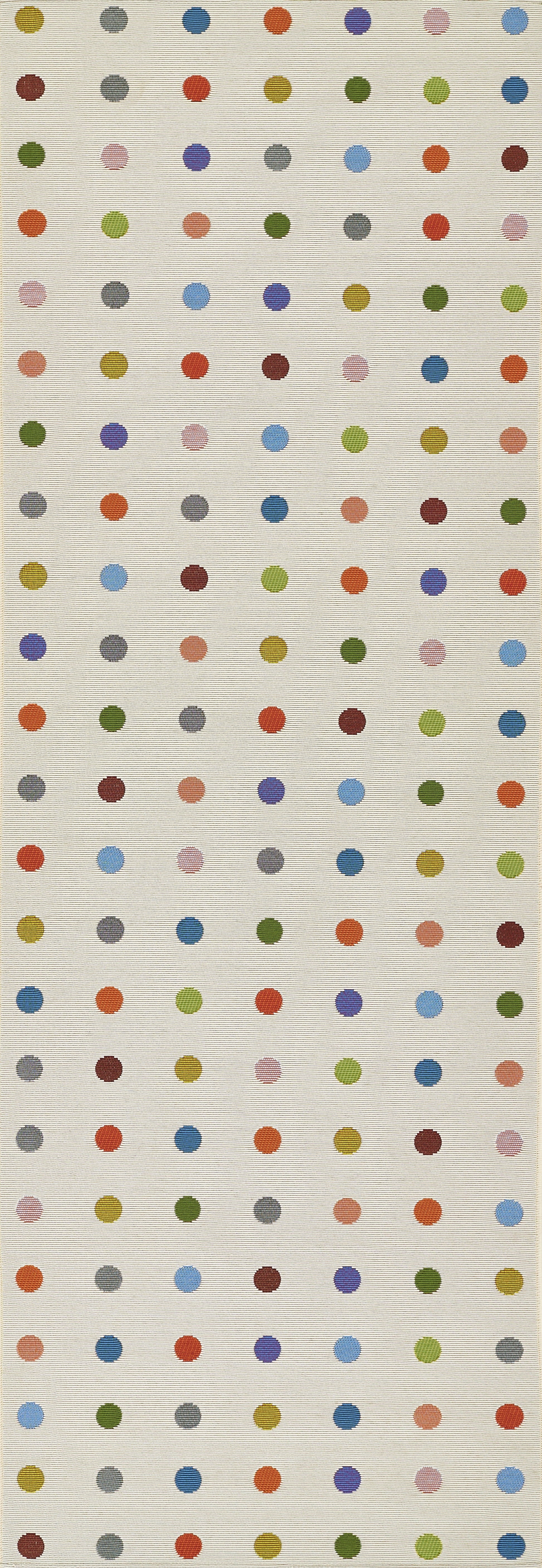Beige woven rug with a grid of multicolored dots in neat rows and columns.
