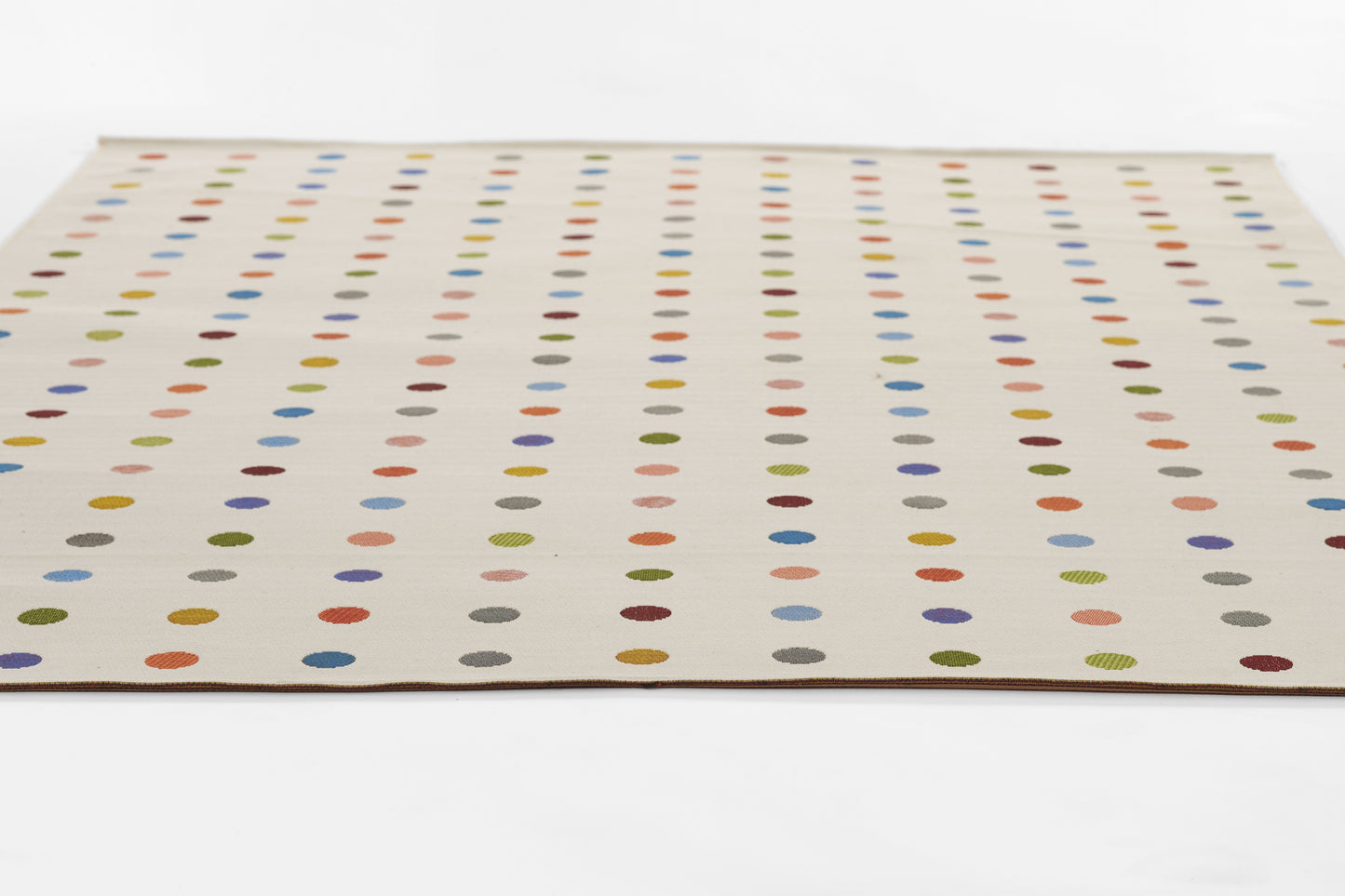 Beige rug featuring evenly spaced multicolor circular dots in vertical columns; modern dotted pattern.
