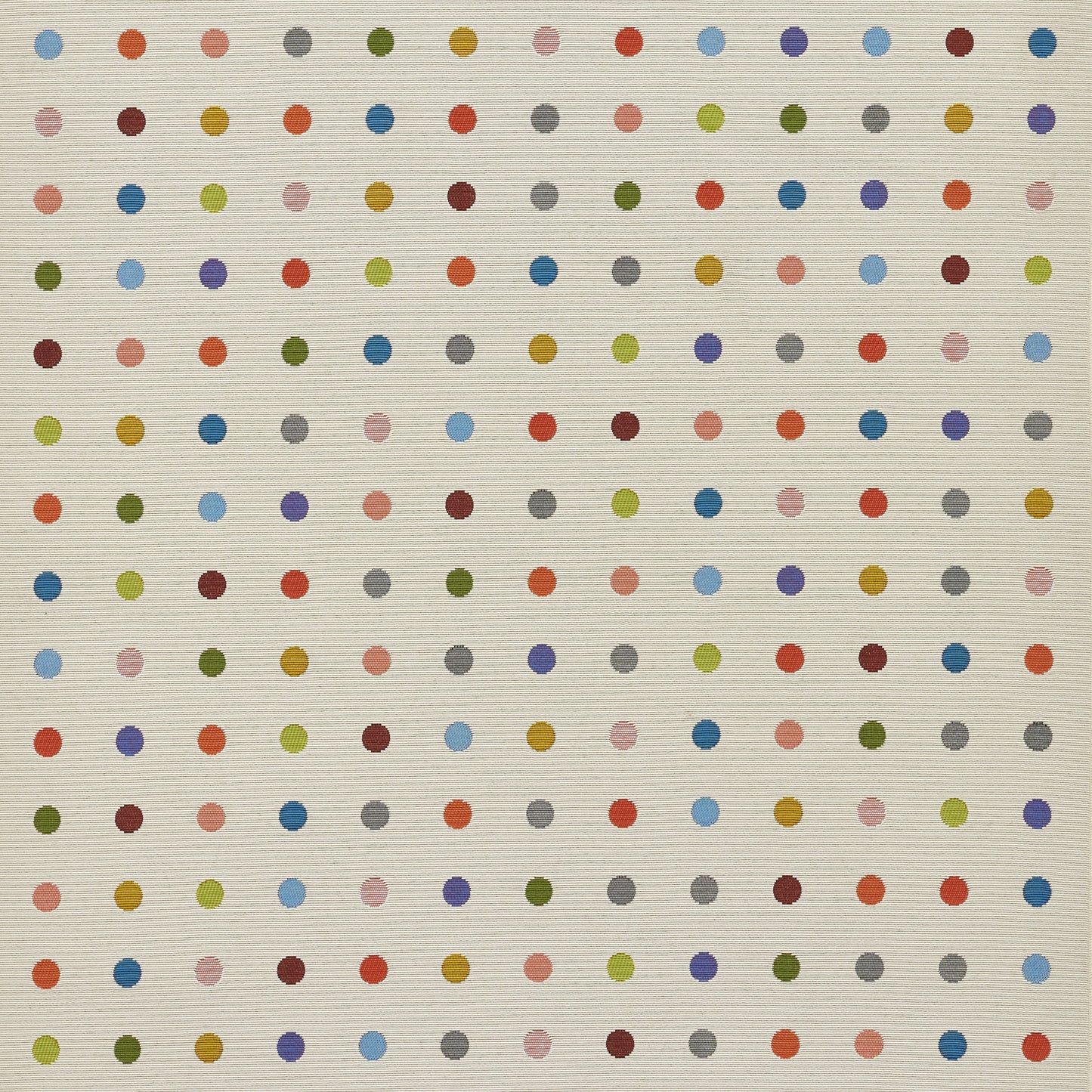Beige rug with a woven texture featuring evenly spaced multicolor dots in a neat grid pattern.