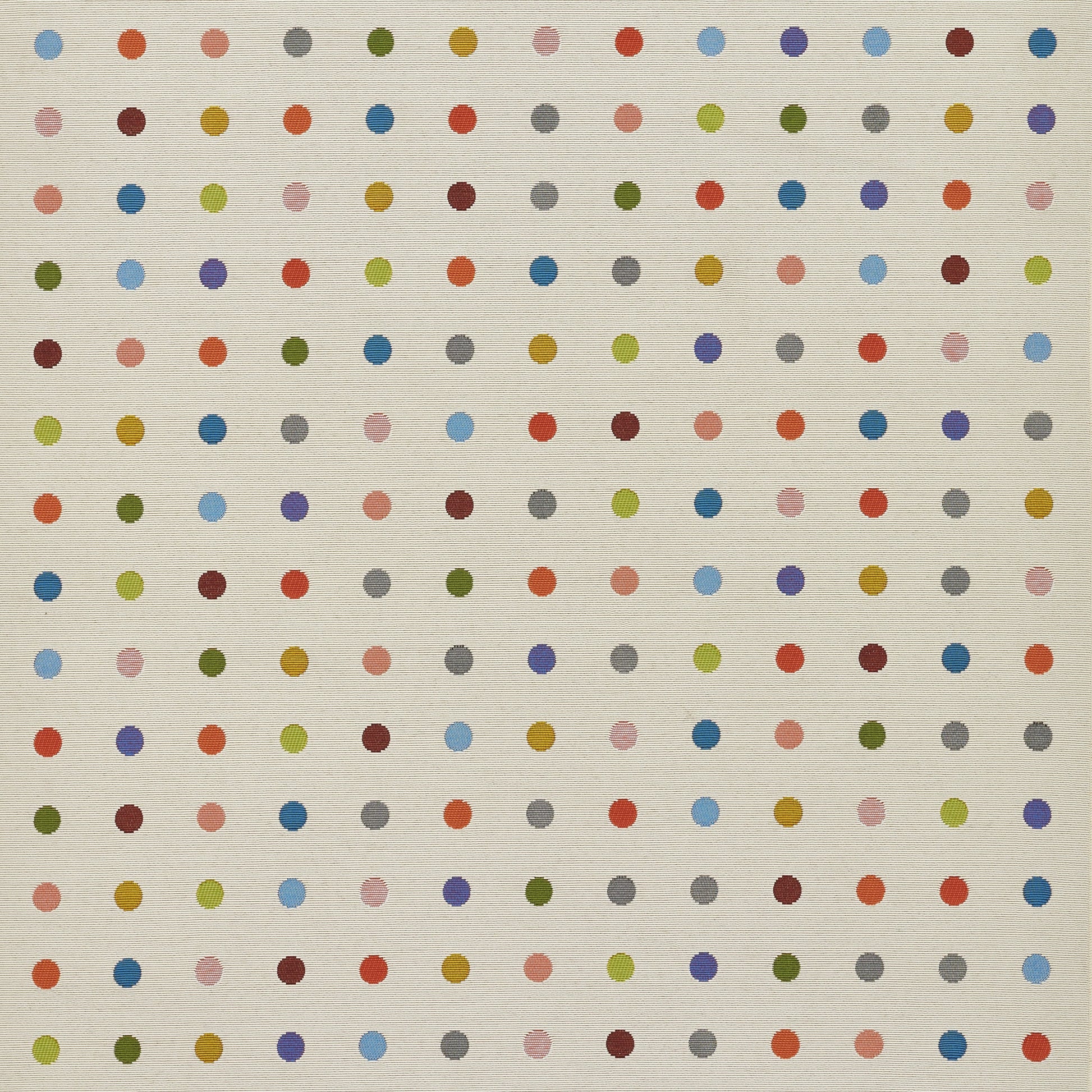 Beige rug with a woven texture featuring evenly spaced multicolor dots in a neat grid pattern.
