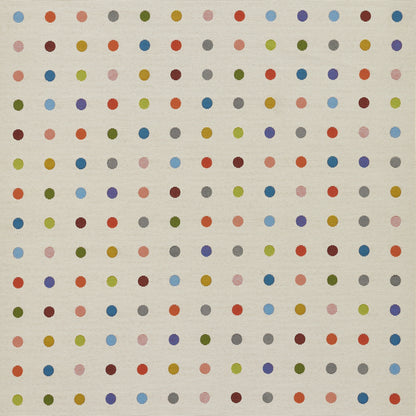 Beige fabric background with a precise grid of tiny colorful dots in blues, greens, reds, pinks and purples.