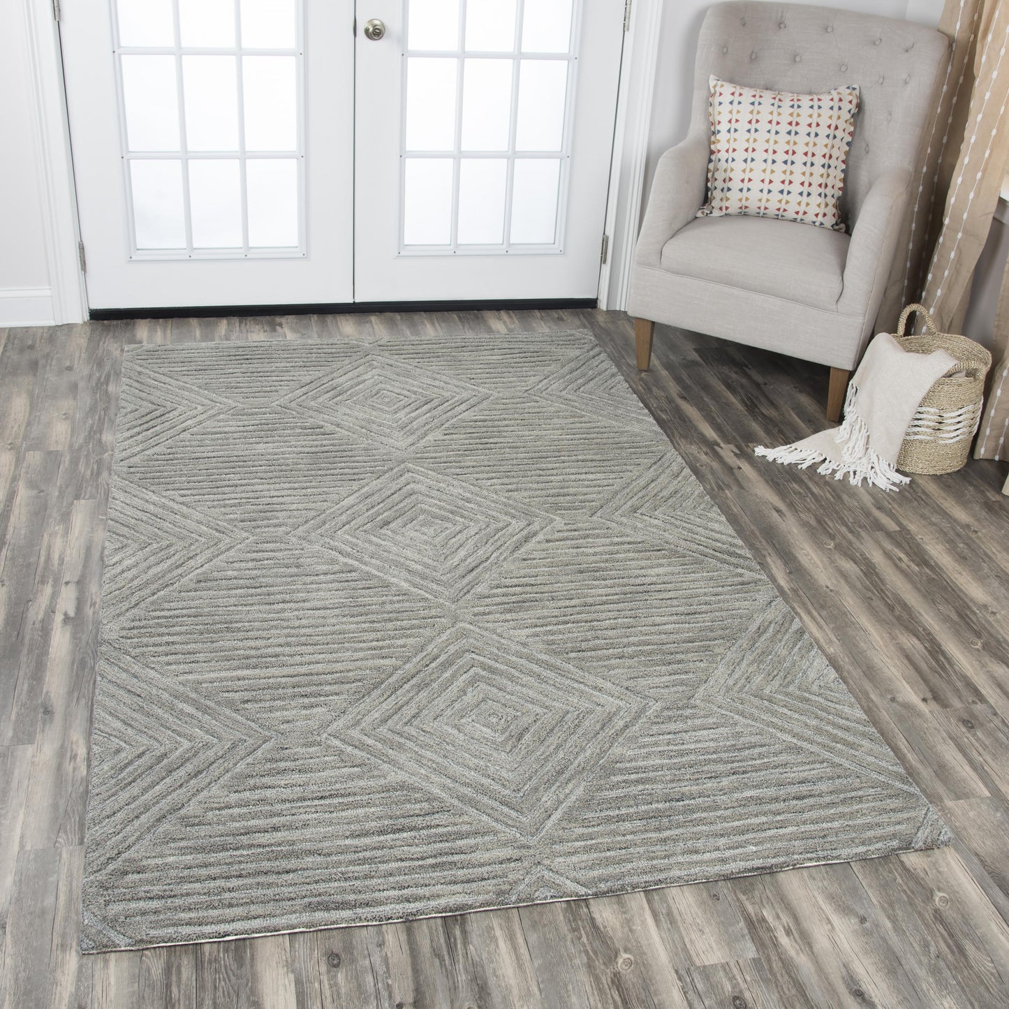 5x8 gray hand tufted wool area rug with geometric pattern, modern neutral rug for living room and bedroom, soft durable 100% wool rug with canvas backing, contemporary minimalist home decor rug, high-quality textured rug for stylish interiors