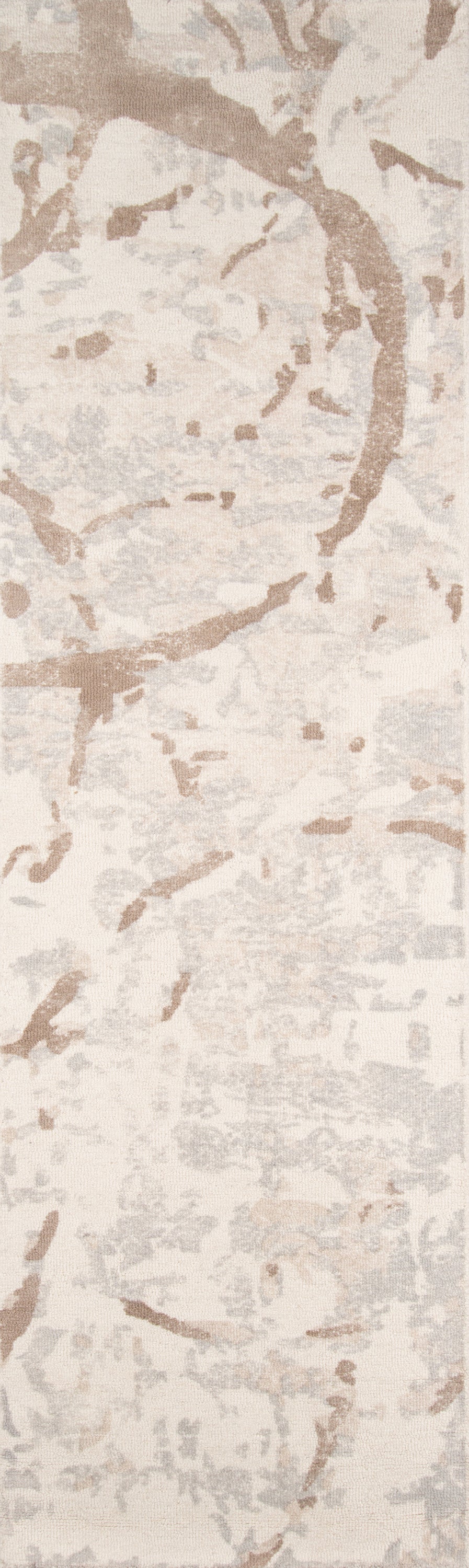 Abstract beige runner rug with taupe branch shapes and soft textured pattern.