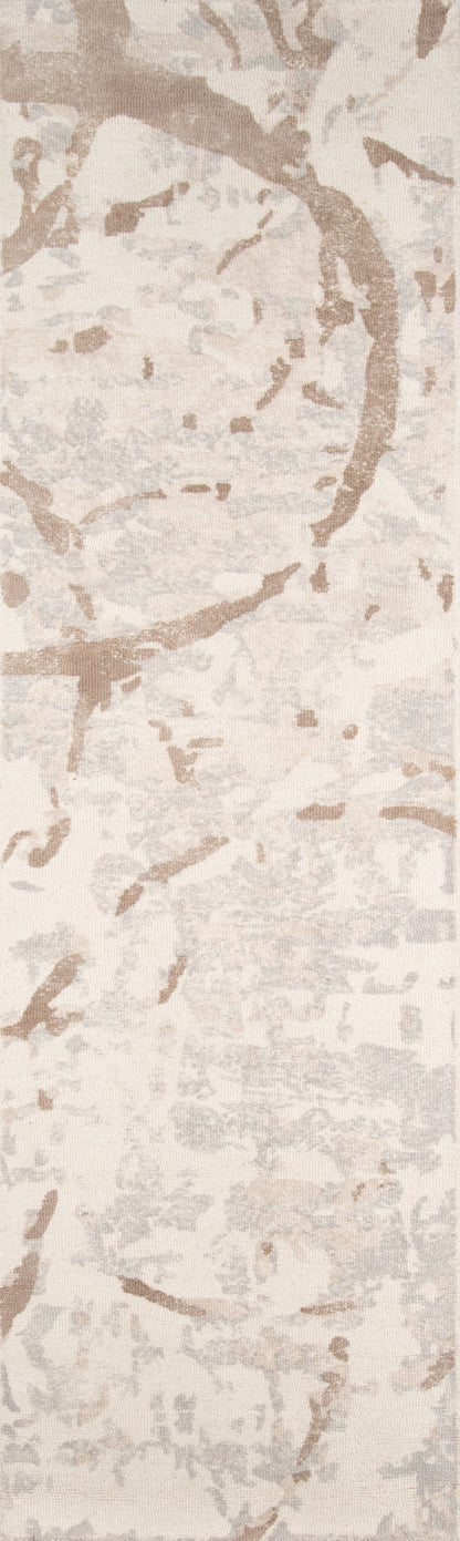 Abstract beige runner rug with taupe branch shapes and soft textured pattern.